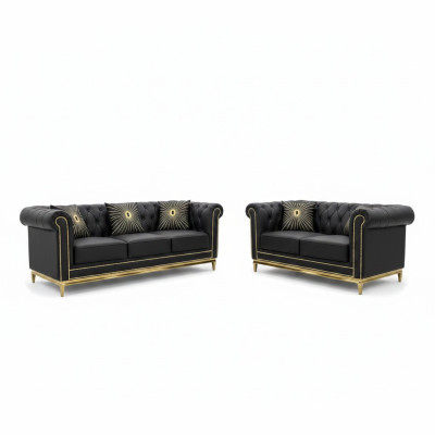 Schwarze Chesterfield Wohnzimmer Couchgarnitur Luxus Set 3+2 Sitzer 2tlg.