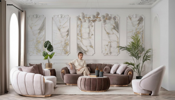 Luxus Wohnzimmer Sofagarnitur 3+3+1 Sitz Halb Runde Couchen Sofa mit Tisch 4tlg.