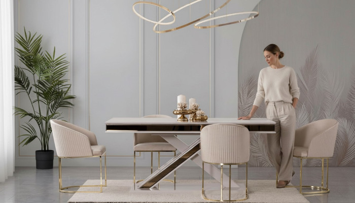 Säulen Tisch Essgruppe Tisch mit 6x Lehnstühlen Esszimmer Stühle 7tlg