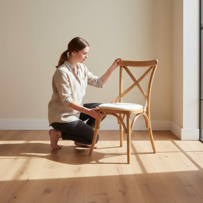 Ein Holzstuhl mit einem weichen Sitz und einem runden Rücken für Ihr Esszimmer