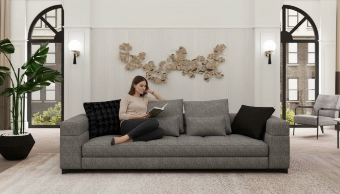 Graues Sofa Dreisitzer Wohnzimmer Sitzmöbel Holzgestell Sofakollektion