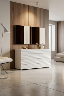 Weiße Designer Luxus Kommode mit Spiegel 4 Schubladen Holz Möbel Neu