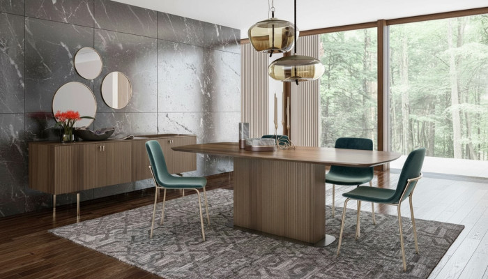 Moderný jedálenský komplet luxusného nábytku stola stoličky bufet