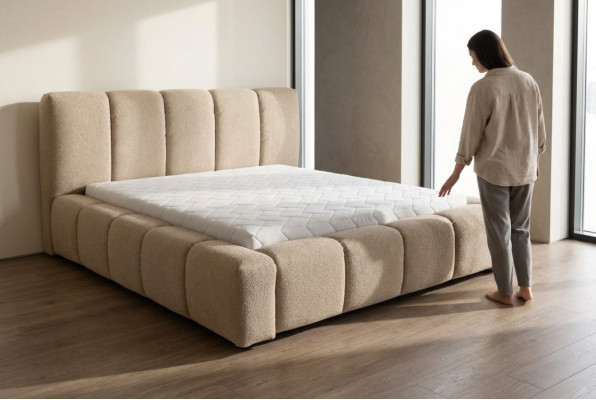 Bett Grau Doppelbett Schlafzimmer Holz Möbel Design Polster Stoff Neu