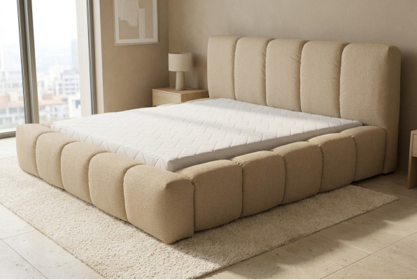 Bett Grau Doppelbett Schlafzimmer Holz Möbel Design Polster Stoff Neu
