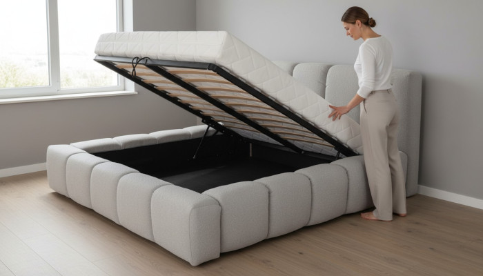 Bett grau Doppel Schlafzimmer Luxus Design elegant Polsterung Stoff neu