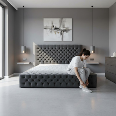 Chesterfield Grey Doppel Schlafzimmer Holzmöbel Design elegante Polsterung Stoff