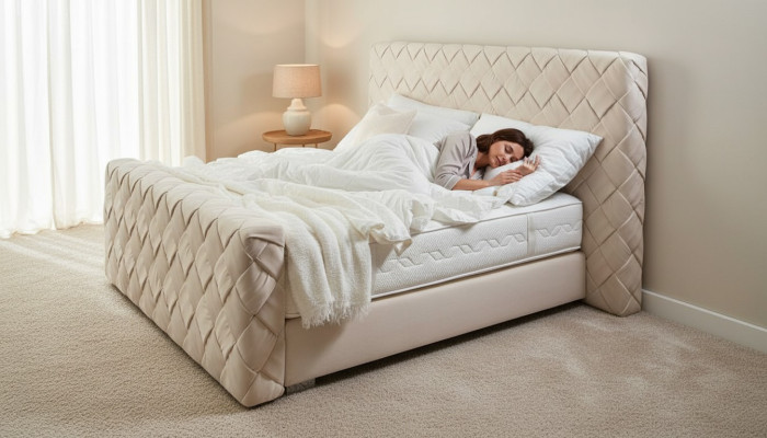 Beiges Doppelbett Moderne Schlafzimmer Möbel Luxus Stilvolles Gewebebett