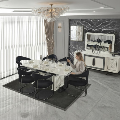Modernes Esszimmer Set Weißer Esstisch 6 Stühle weiße Sideboard Spiegel neu