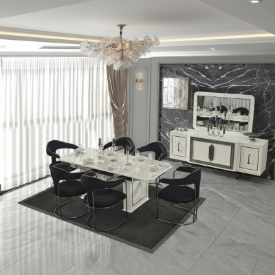 Modernes Esszimmer Set Weißer Esstisch 6 Stühle weiße Sideboard Spiegel neu