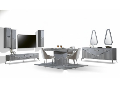 Graues moderner Esszimmer Set 4x Stuhl Spiegel Sideboard Regal 9tlg