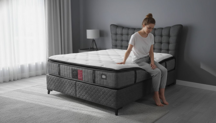 Bett Boxspring Betten Luxus Doppelbett inkls. Matratze mit Caro Muster Grau