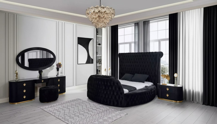 Schlafzimmer schwarz Set Bett 2x Nachttische Schminktisch Chesterfield 5tlg