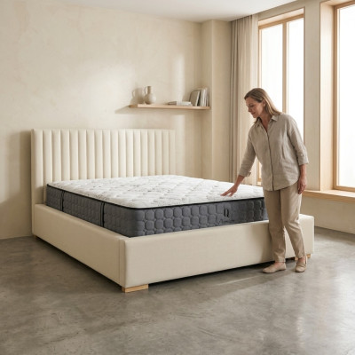 Bett Beige Doppelbett Holz Modern Elegantes Bett Polster Stoff Schlafzimmer Neu