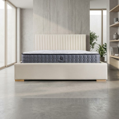 Bett Beige Doppelbett Holz Modern Elegantes Bett Polster Stoff Schlafzimmer Neu