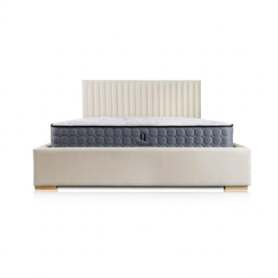 Bett Beige Doppelbett Holz Modern Elegantes Bett Polster Stoff Schlafzimmer Neu
