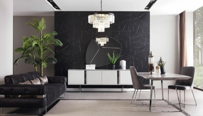 Esszimmer Garnitur Sofa Tisch 4x Stuhl Set Anrichte Spiegel Möbel 8tlg