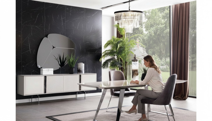 Esszimmer Gruppe Set Tisch 4x Stühle Anrichte Spiegel 7tlg. Grau Essgarnitur