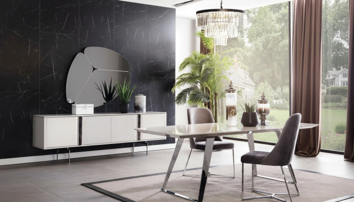 Esszimmer Gruppe Set Tisch 4x Stühle Anrichte Spiegel 7tlg. Grau Essgarnitur