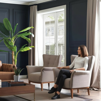 Chesterfield Sessel Couch Polster Luxus Holz mit Textil Stil Modern Lounge