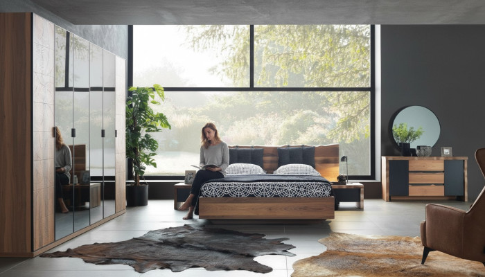 Schlafzimmer Bett 2x Nachttisch Kleiderschrank Kommode Spiegel Set 6tlg