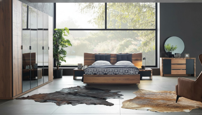 Schlafzimmer Bett 2x Nachttisch Kleiderschrank Kommode Spiegel Set 6tlg