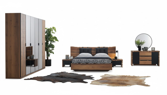 Schlafzimmer Bett 2x Nachttisch Kleiderschrank Kommode Spiegel Set 6tlg