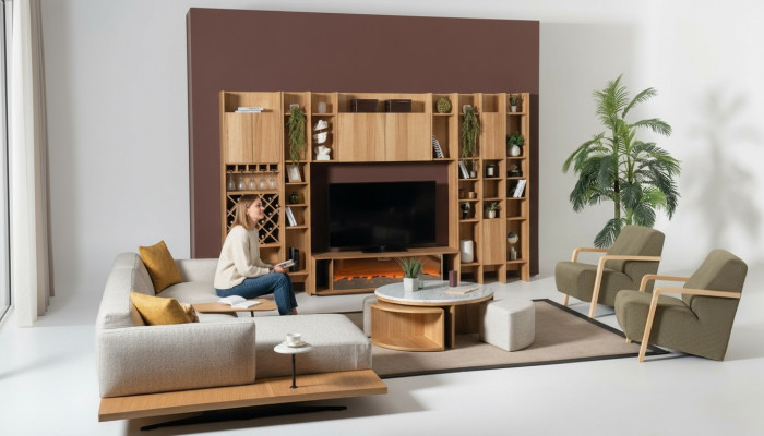 Wohnwand mit Elektro Kamin Wohnwände Ecksofa Sessel Komplett Set 5tlg