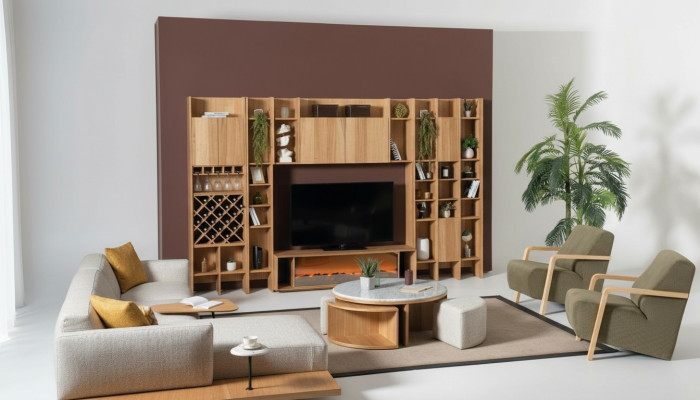 Wohnwand mit Elektro Kamin Wohnwände Ecksofa Sessel Komplett Set 5tlg