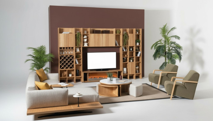 Wohnwand mit Elektro Kamin Wohnwände Ecksofa Sessel Komplett Set 5tlg