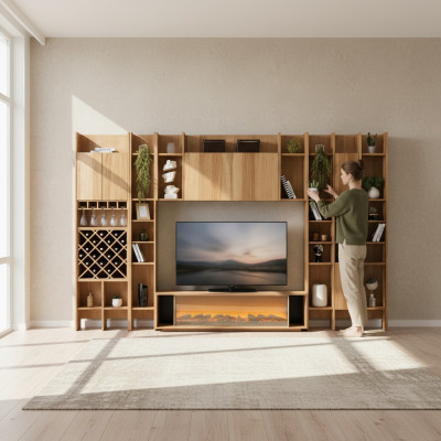 Wohnzimmer Wohnwand Holz Luxus Garnitur neu Stil Modern Luxus braun