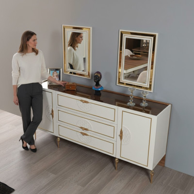 Wohnzimmer Set Anrichte mit 2x Spiegel Garnitur Holz 3tlg weiß Sideboard