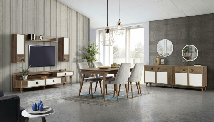 Wohnzimmer Anrichte mit Spiegel Garnitur Holz Braun Neu Modern Luxus