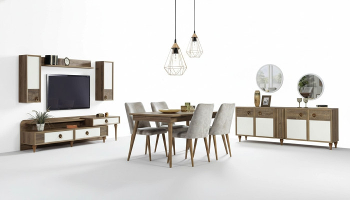 Wohnzimmer Anrichte mit Spiegel Garnitur Holz Braun Neu Modern Luxus