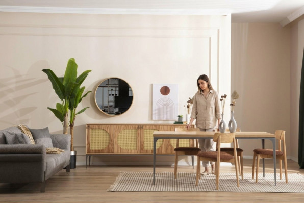 Esszimmer Set Holz Esstisch Garnitur Tisch Sideboard Spiegel 4x Stühle 7tlg.