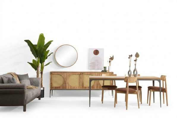 Esszimmer Set Holz Esstisch Garnitur Tisch Sideboard Spiegel 4x Stühle 7tlg.