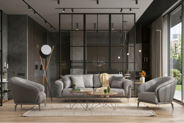 Sofagarnitur Sofa 3 Sitzer Grau Sessel Wohnzimmer Möbel Luxus Design