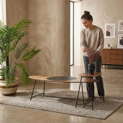 Moderner Tisch Couchtisch Beistelltisch Design Wohnzimmer Holz Oval 2tlg.