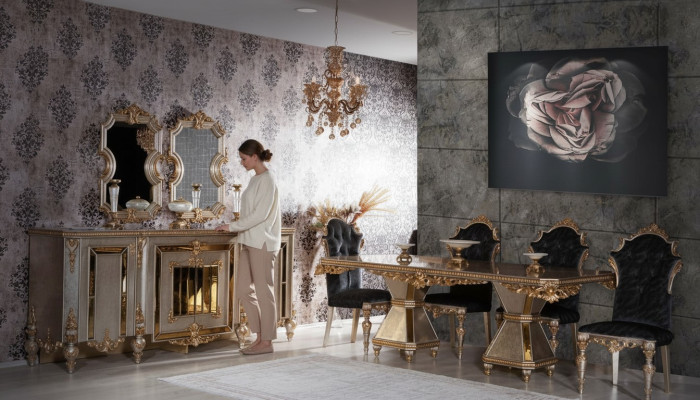 Hochwertige 7-teilige Esszimmermöbel im goldenen Stil