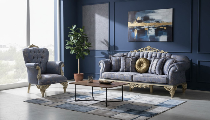 Sofa 3 Sitzer Textil Sessel Couch Polster Möbel 3+1 Dreisitzer Blau