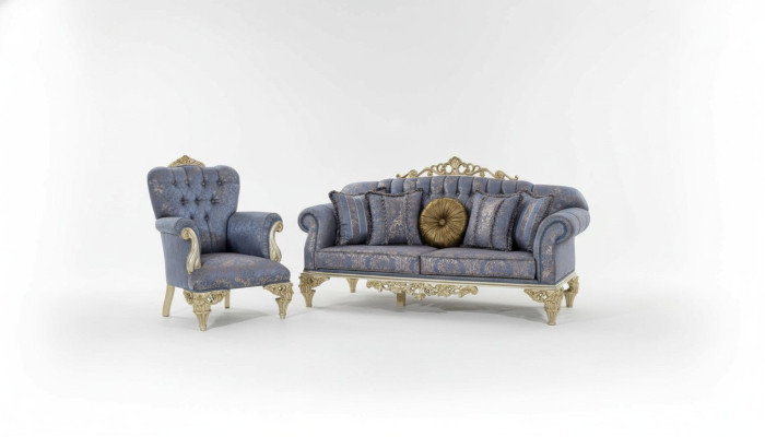 Sofa 3 Sitzer Textil Sessel Couch Polster Möbel 3+1 Dreisitzer Blau