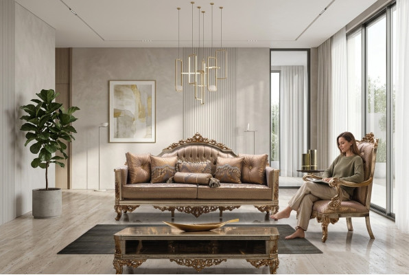 Sofa Set 3+1 Sitzer Gold Couchtisch Sofagarnitur Wohnzimmer Luxus Neu