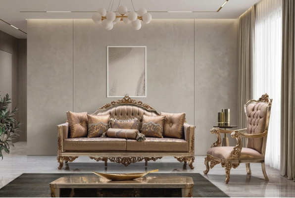 Sofa Set 3+1 Sitzer Gold Couchtisch Sofagarnitur Wohnzimmer Luxus Neu