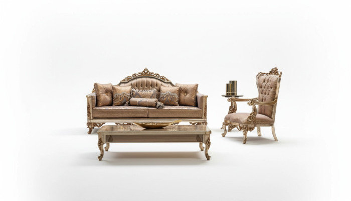 Sofa Set 3+1 Sitzer Gold Couchtisch Sofagarnitur Wohnzimmer Luxus Neu