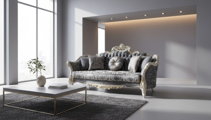 Barock Sofa 3 Sitz Grau Wohnzimmer Klassisch Design Sofa Couch Textil