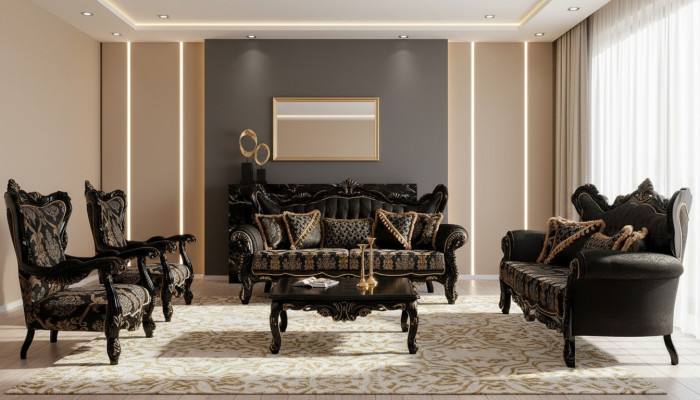 Sofa Set 3+3+1+1 Sitzer Couchtisch Wohnzimmer Luxus Schwarz Sofagarnitur Neu