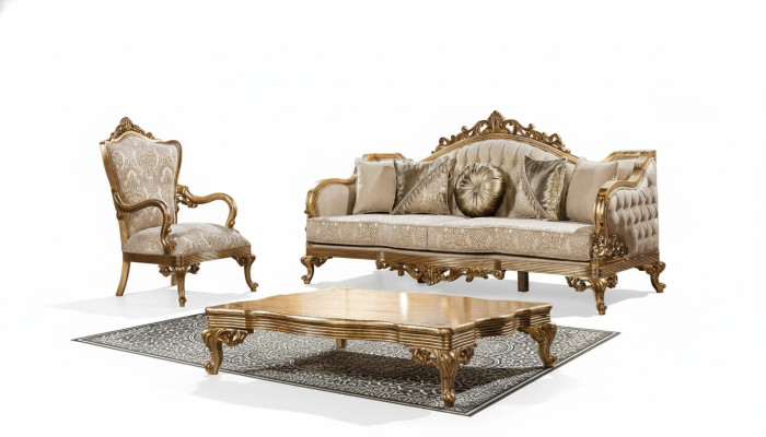 Goldene Couch Klassische Sofagarnitur Polster Möbel 3+1 Couchtisch Stoff