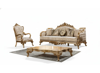 Goldene Couch Klassische Sofagarnitur Polster Möbel 3+1 Couchtisch Stoff
