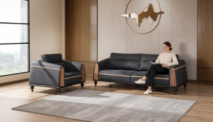Schwarze Sofas Set Moderne Garnitur Dreisitzer Sessel Stoffmöbel 2tlg