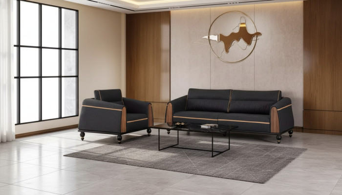 Schwarze Sofas Set Moderne Garnitur Dreisitzer Sessel Stoffmöbel 2tlg